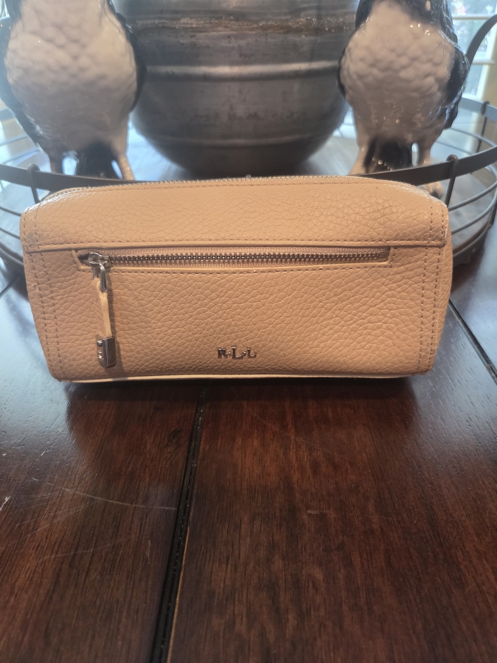 Ralph Lauren Pebbled Leather Zip Makeup Bag in Beige Leather
